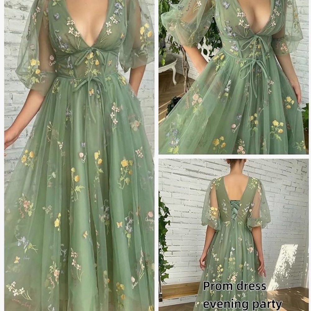 Elegant Green Floral Evening Dress